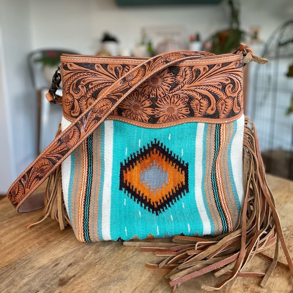 American Darling Turquoise and Orange Aztec Wool Serape Crossbody Handbag